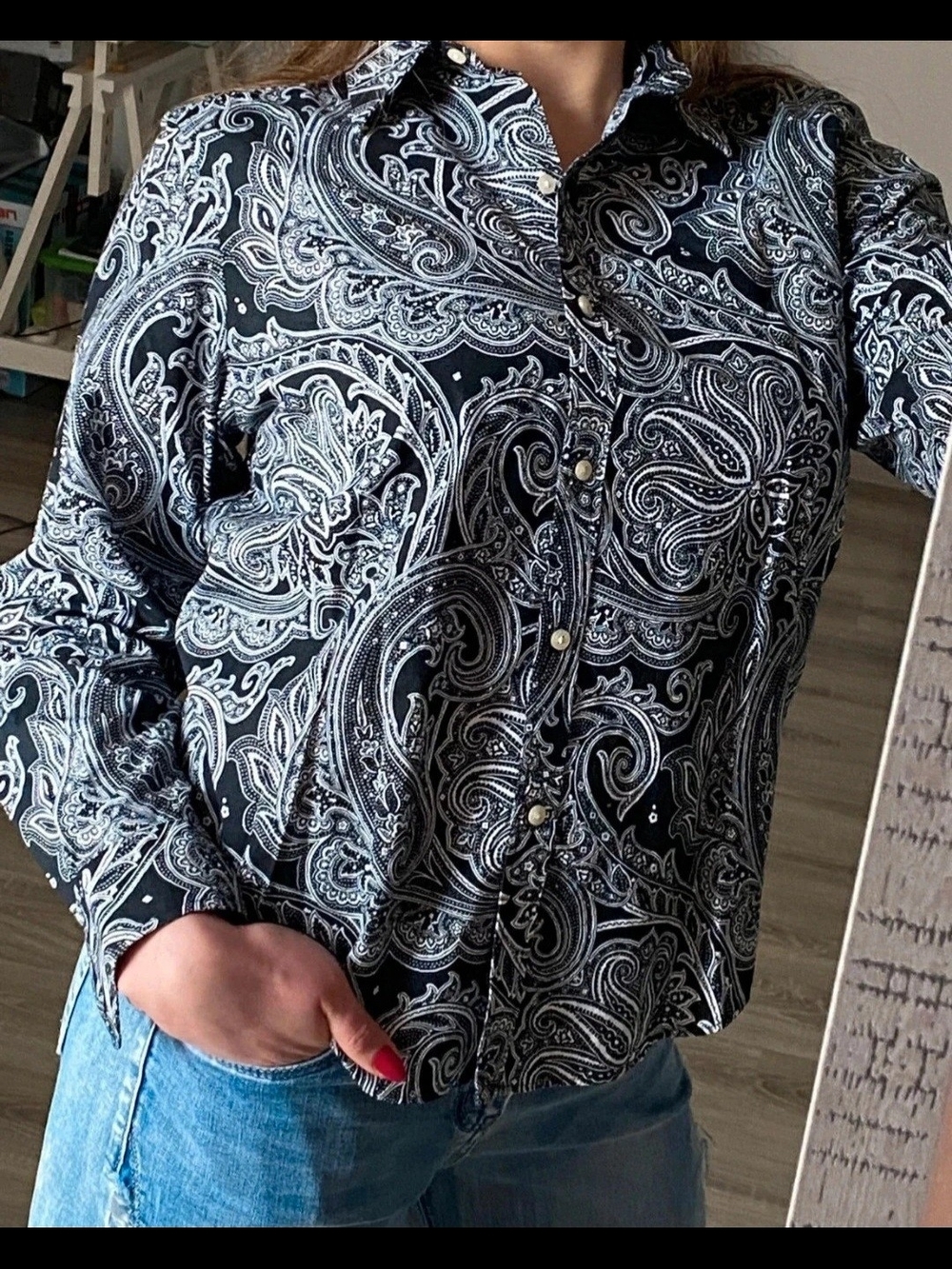 Ralph Lauren Black and White Paisley Button-Down Shirt